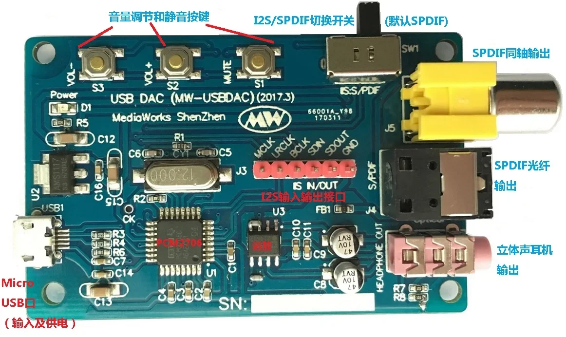 

USB DAC/USB Sound Card /USB to I2s + Spdif (PCM2706)