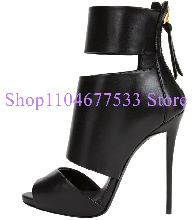 

Black Leather Hollow Out Lady Sandals Short Boots Fashion Thin Heel Peep Toe Woman Sandals Shoes Large Size Female Party Pumps