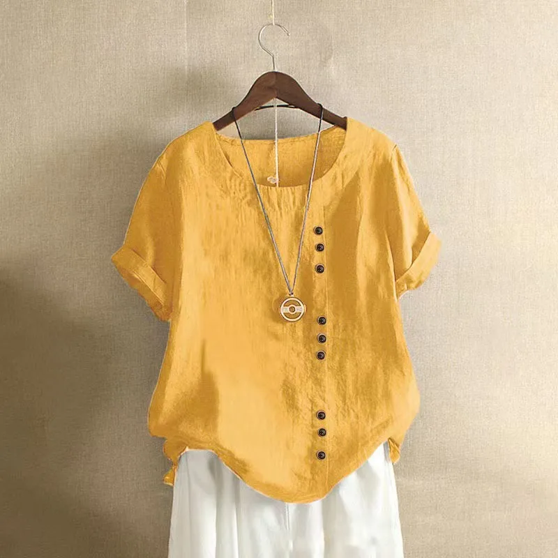 Camiseta de Manga Corta para Mujer, Talla Grande, Primavera-Verano, Color Sólido, Diseño Casual, con Botones Decorativos