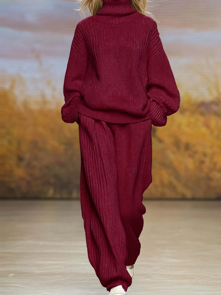 

Women Casual Long Sleeve Pocket 2Pc Outfits Elegant Street Solid Loose Suit Fashion Turtleneck Pullover Top & Long Pant Knit Set