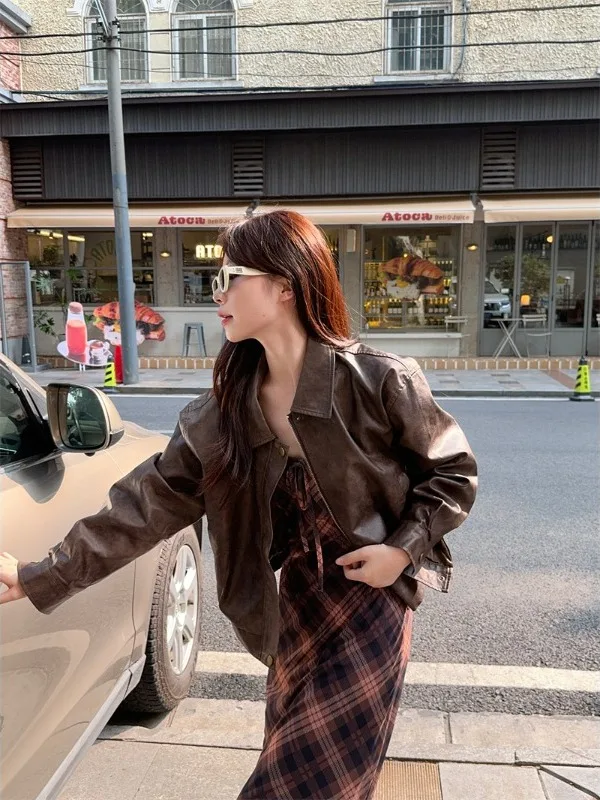 

Sweet Spicy Retro Lapel Long Sleeve Leather Jacket Women's Loose American Style Motorcycle Clothes Spring New Arrival