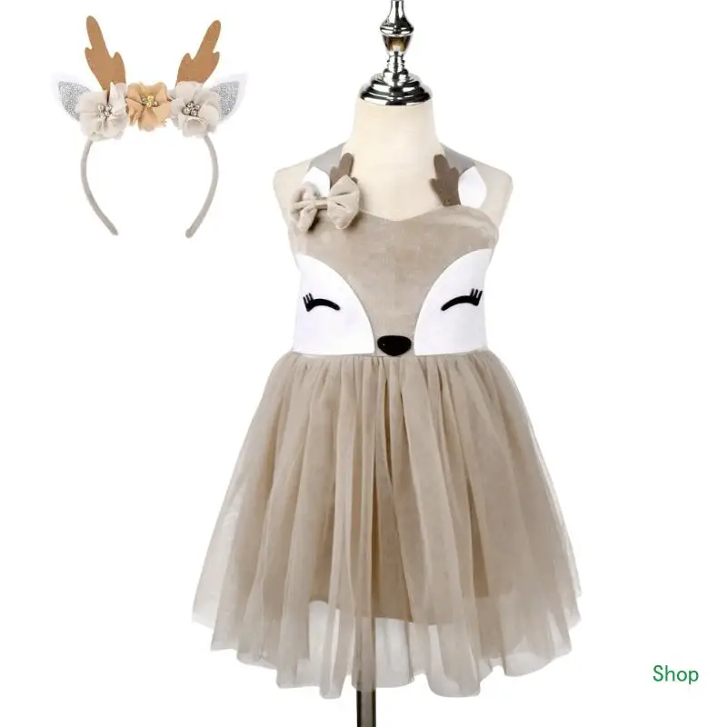 

Dropship Girl Deer Costume Accessories with Dress and Headband Christmas Elk Dress up Outfit for Kid Halloween Christmas Cosplay