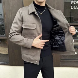 Autumn/Winter Men Neck Woolen Jacket Fashion Slim Fit Woolen Coat HighQuality Checkered Multi Pocket Korean Casual Jacket 4XL-M