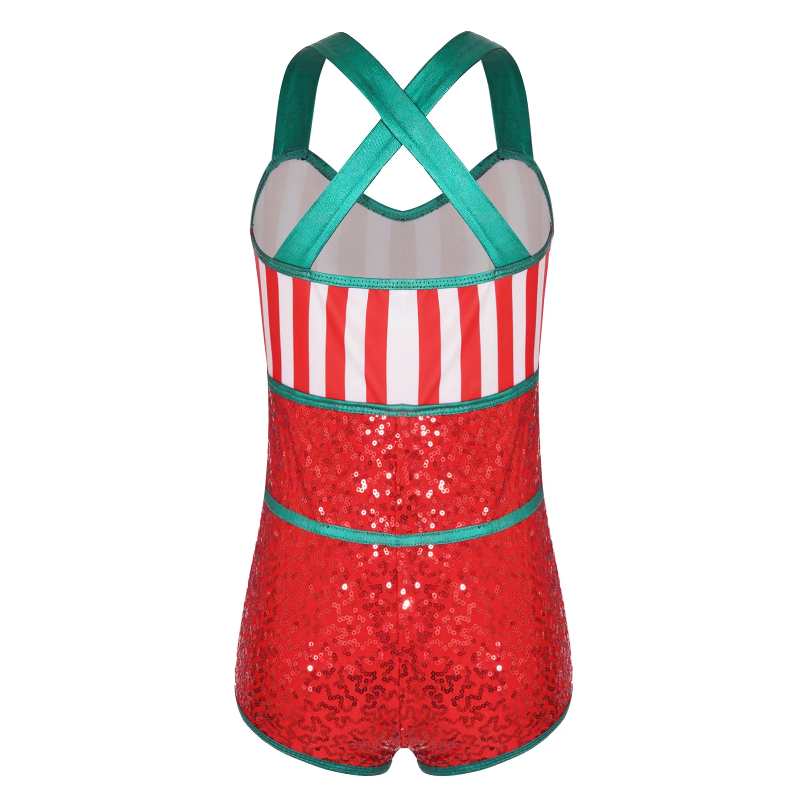 Kids Christmas Candy Cane Costume Cross Strap Sleeveless Striped Sequin Bowknot Unitard Jumpsuit Stage Dance Performance Costume