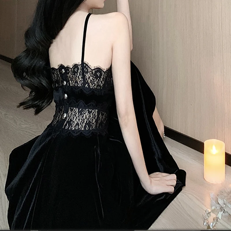 Party Dress Woman Sleeveless Halter Lace Patchwork Bow Backless French Style Velvet Slim Vintage Black Sexy Dresses Lady