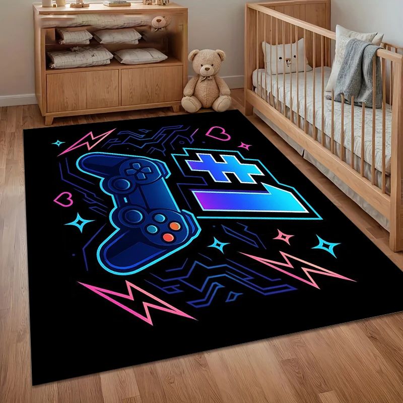 1pc Neon Gamer Rug Number One Controller Pattern Non Slip Floor Mat for Kids Bedroom Playroom Cyber Home Decor Carpet