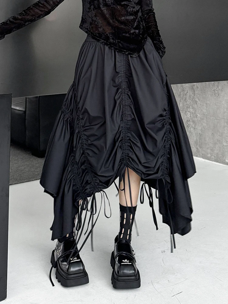 

High Elastic Waist Grunge Aesthetic Gothic Women Tide Harajuku Midi Long Skirts Black Irregular Hem Drawstring Half-body Skirt