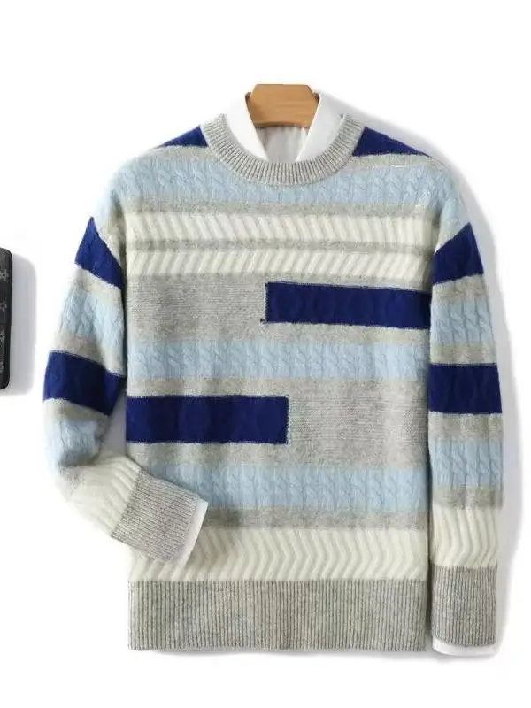 

100% Australian wool sweater crew neck thickened color matching sweater loose business casual cashmere knitted bottoming shirt