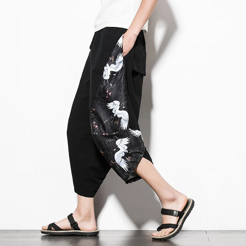 Calças Masculinas de Moletom Cropped Estilo Hippie Streetwear Japonês Verão 2026 Algodão com Estampa Crane Wave Perna Larga