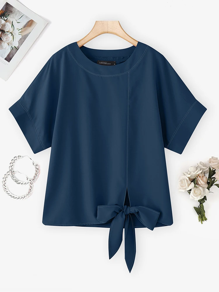 

ZANZEA Women Blouse 2025 Casual Loose Pullover Elegant Office Tops Solid Color Short Sleeve Blouse Fashion O Neck Tunic