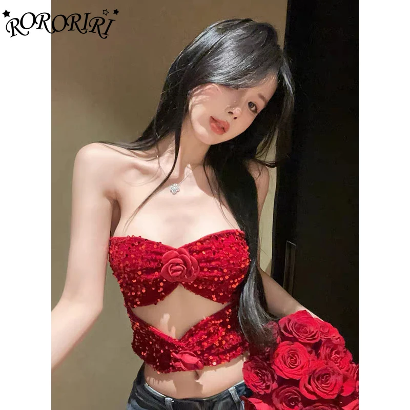

RORORIRI ретро красная роза блестящий корсетный топ женский жилет без рукавов с открытыми плечами с вырезом и открытой спиной тонкий укороченный топ летняя сексуальная одежда