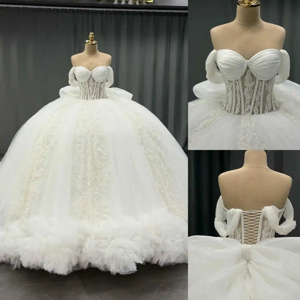 

Luxurious Sweetheart Wedding Dress Ball Gown Puffy Sequiend Lace Bridal Dress Customized Off The Shoulder vestidos de novia