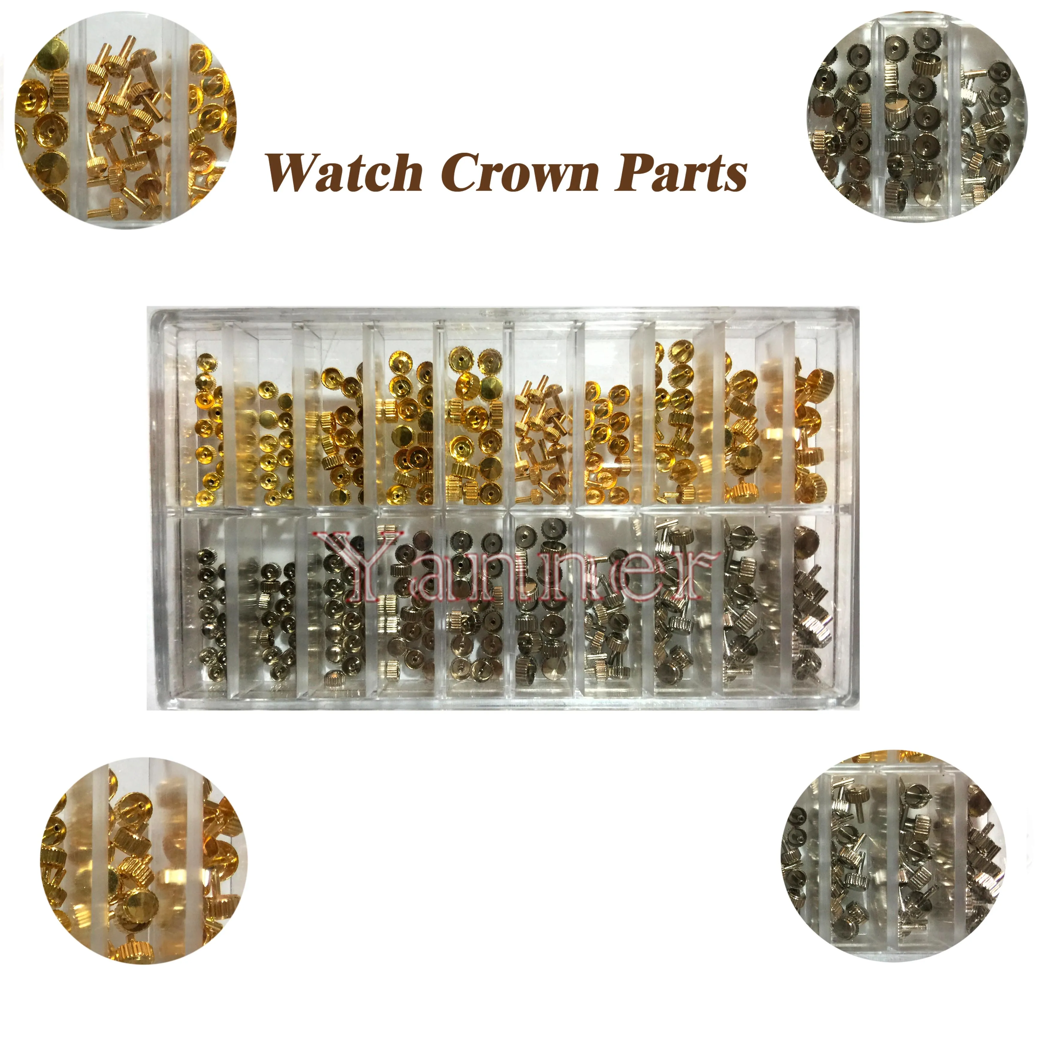 Non-Waterproof Watch Crown Replacement Assorted Gold Silver Dome Flat Head Watch Accessories Repair Tool Kit for Watchmaker