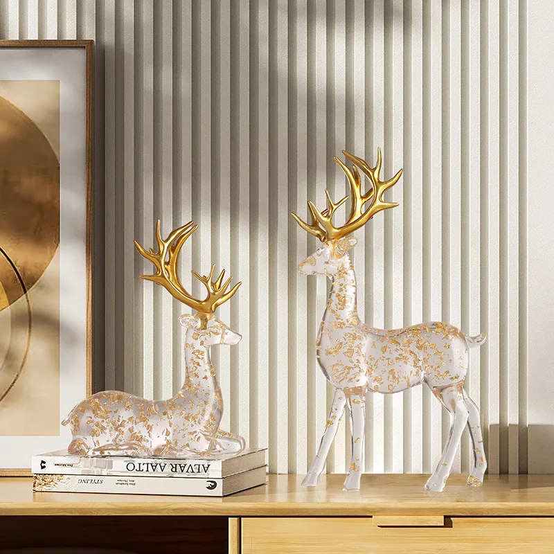 Resin Handicraft Artificial Animal Sculpture Golden Deer Elk Transparent Gold Foil Ornament Home Decoration Accessories