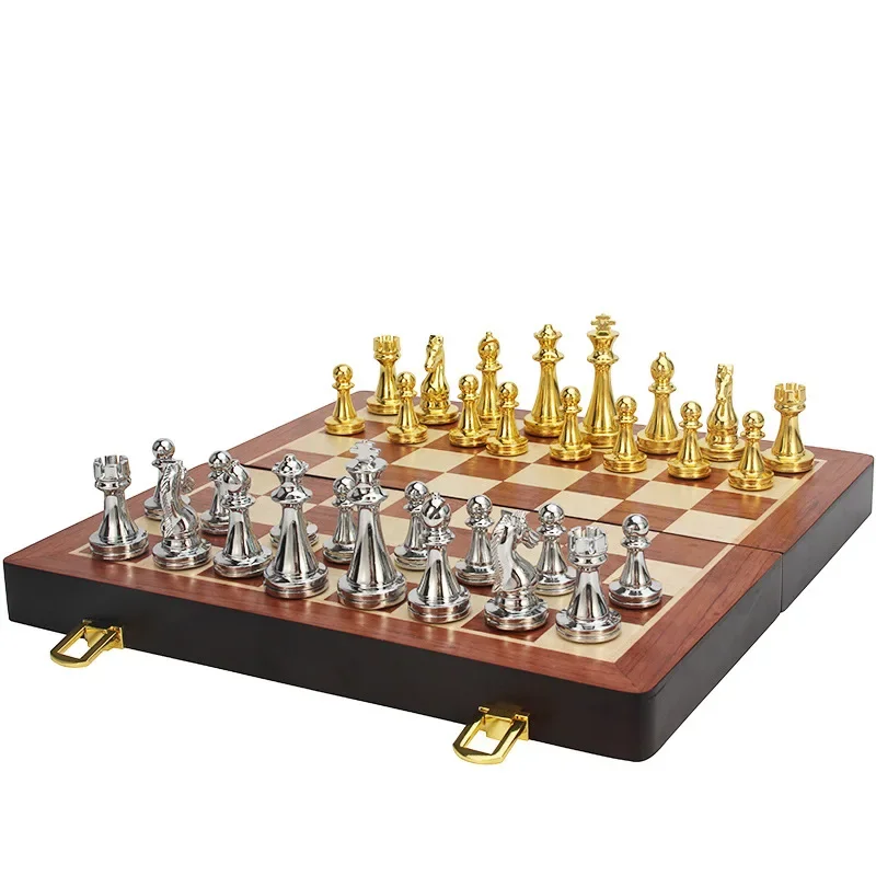 Buy! Retro Metal Chess Set With Folding Magnetic Box Wooden Chess Board Handmade Standard Pieces Metal Chess Set For Kids Adult