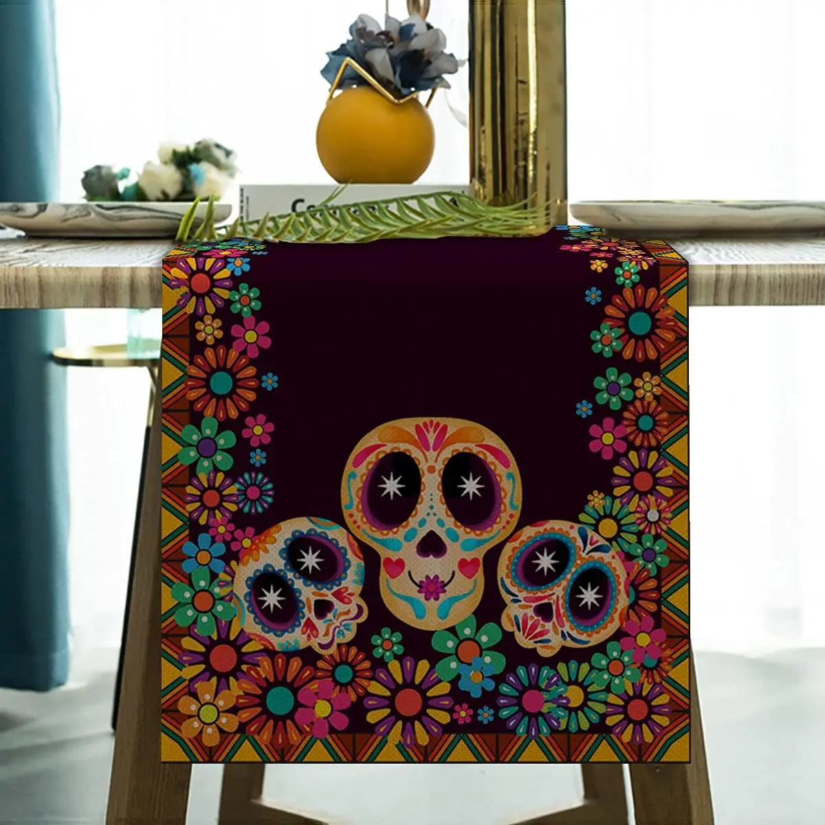 

Mexican Sugar Skull Day of The Dead Linen Table Runner Halloween Decorations Mexico Dia De Los Muertos Table Runner Party Decor