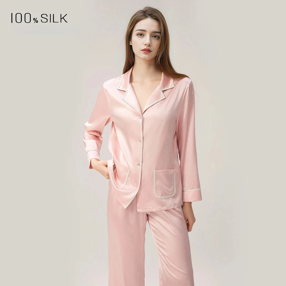 Spring Summer New Women's Heavyweight Mulberry Silk Pajamas Set - Luxury Soft Sleepwear Loungewear Outfit for Comfortable Nightw view 3