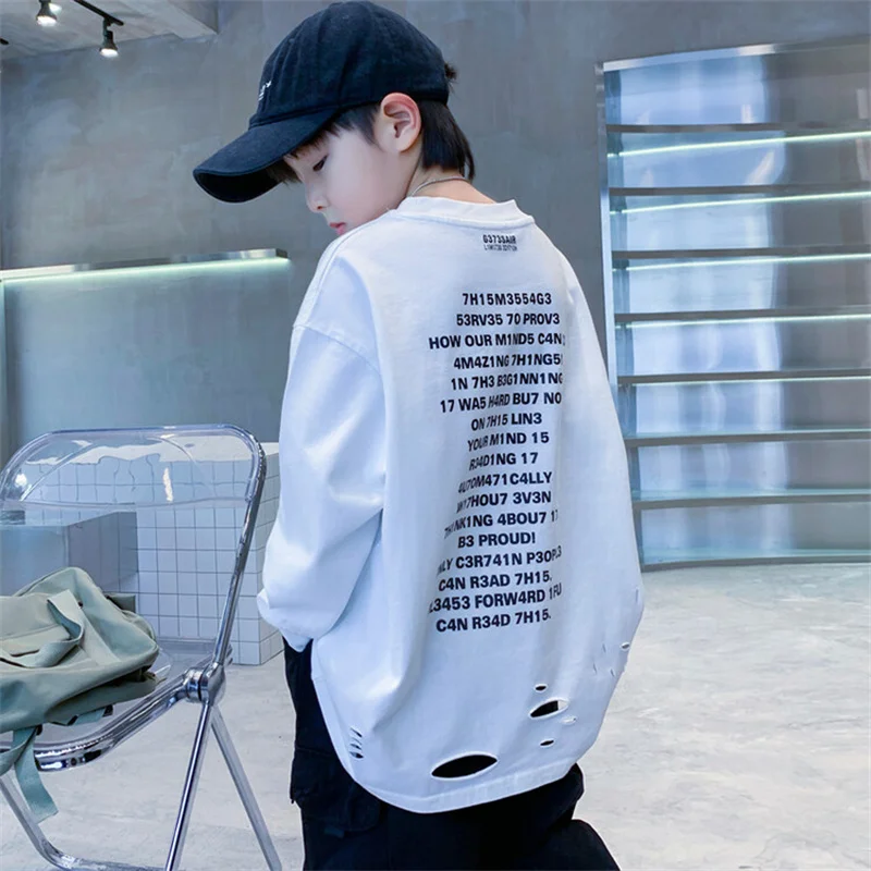 Spring Autumn Boys Fashion Broken Hole Tshirts Letter Printing Long Sleeve Tops Kids Black White Destroy Ripped Big Size Clothes