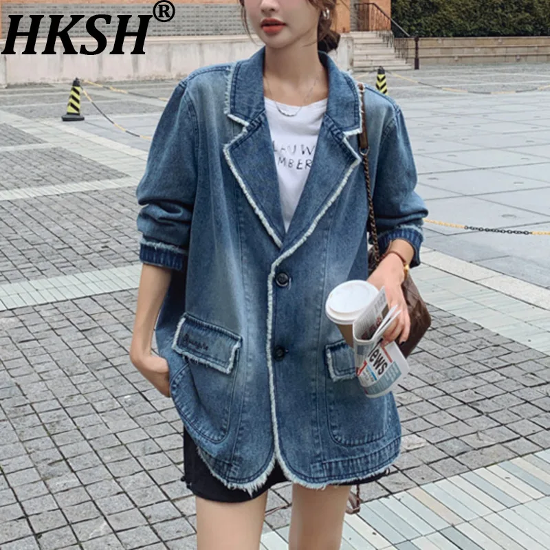 

HKSH Spring Autumn New Women's Blazer Distressed Denim Turn-down Collar Single Breasted Pockets Retro Streetwear Jackets HK14696