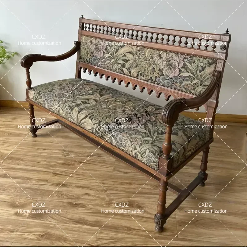 Retro Solid Wood Carved Flower Sofa Walnut Color Medieval Style Double Couch for Studio Photography Bed and Breakfast Decor