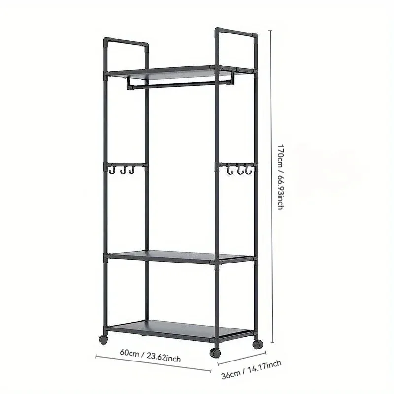 

Clothing Storage Rack with Wheels, Hooks & Shelves - Space-Saving Organizer, Durable Freestanding Clothes Organizer for Bedroom