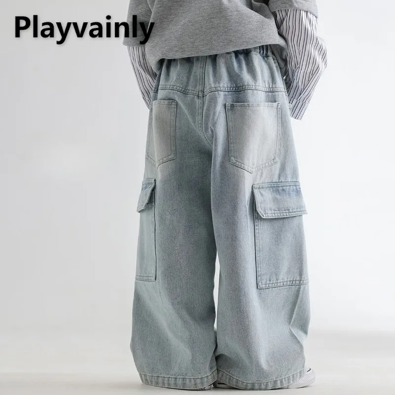 

Boys' Korean Style Jeans 2025 New Spring Autumn Kids Big Pocket Casual Cargo Pants Light Blue Wide Leg Denim Trousers A05034
