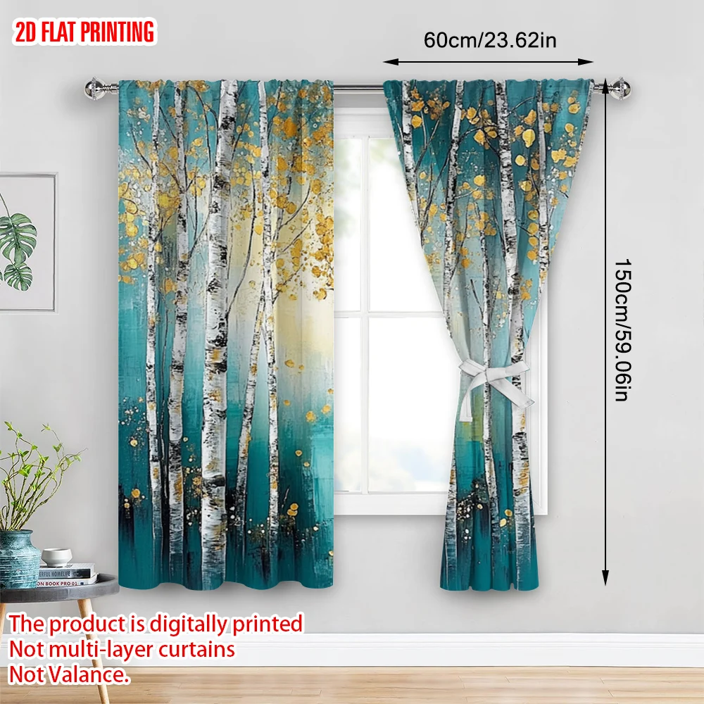 2pcs 2D flat printing Curtain Birch forest landscape Digital Printed Polyester Drapes Festive Holiday Perfect for living room
