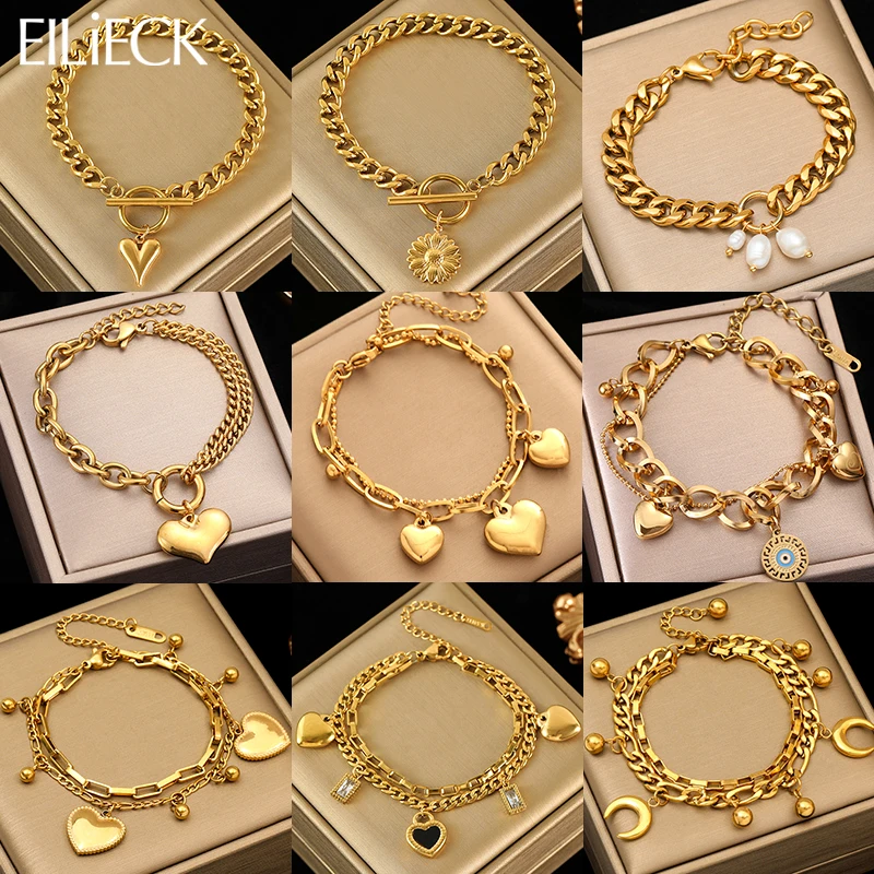 EILIECK 316L Stainless Steel Heart Moon Pearl Charm Bracelet For Women Trendy 18K Gold Plated Wrist Chain Waterproof Jewelry