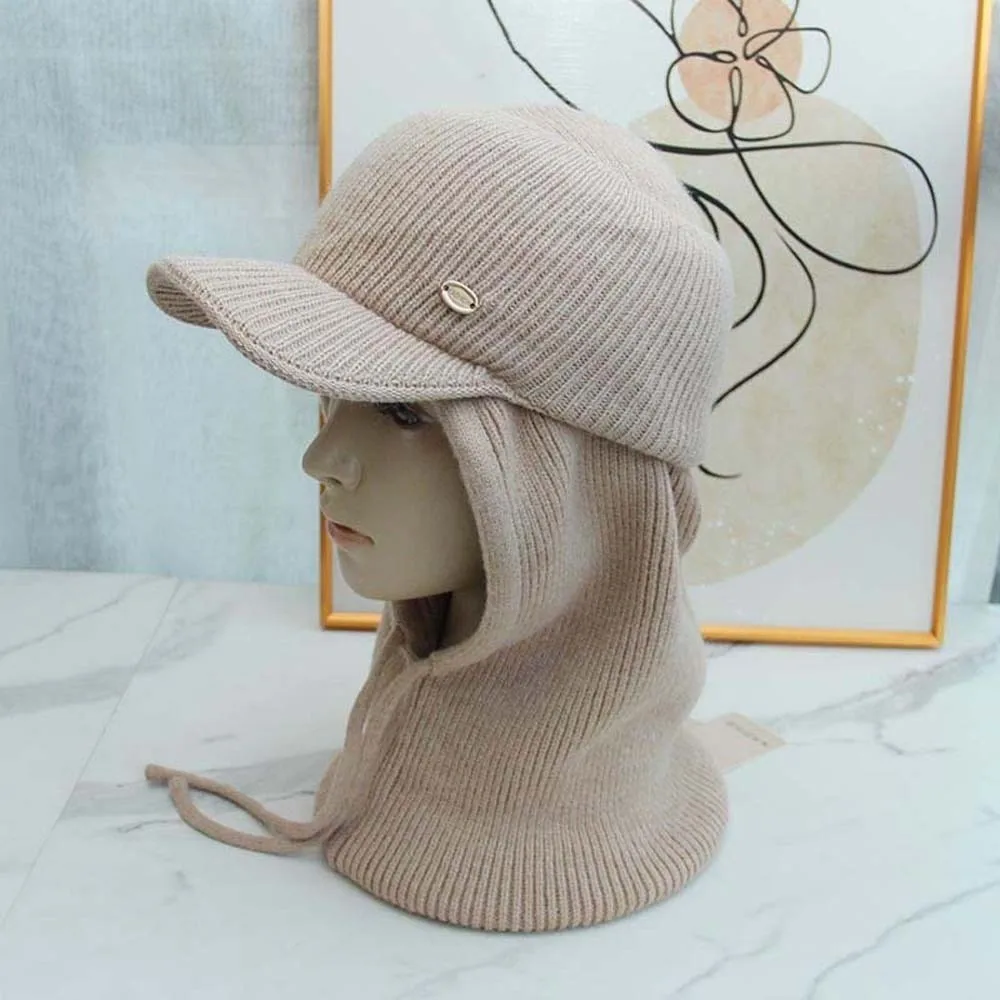 Verdickte Strick-Balaclava-Mütze, elastisch, atmungsaktiv, mit Kapuze, Nackenwärmer, geripptes Fleece, Winter-Visier-Mütze, Camping – Detail 7