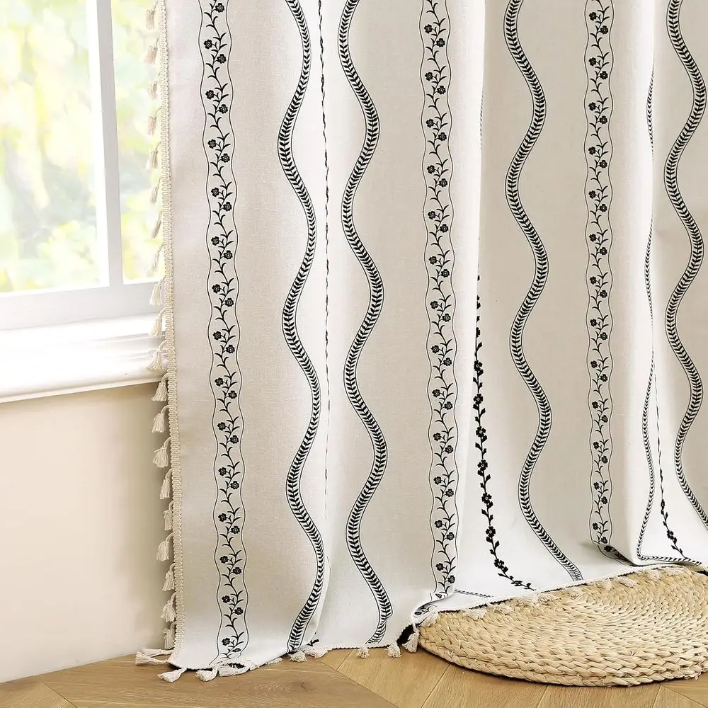 ستائر حرارية معتمة على شكل زهور 96، طراز المزرعة البوهيمية، نمط أبيض وأسود، لغرف النوم وغرف المعيشة
