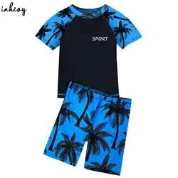 Kids Boys 2 Piece Swimsuit Beachwear Short Sleeve Rash Guard Swim Tops with Drawstring Board Shorts Set Bathing Suit Swimwear