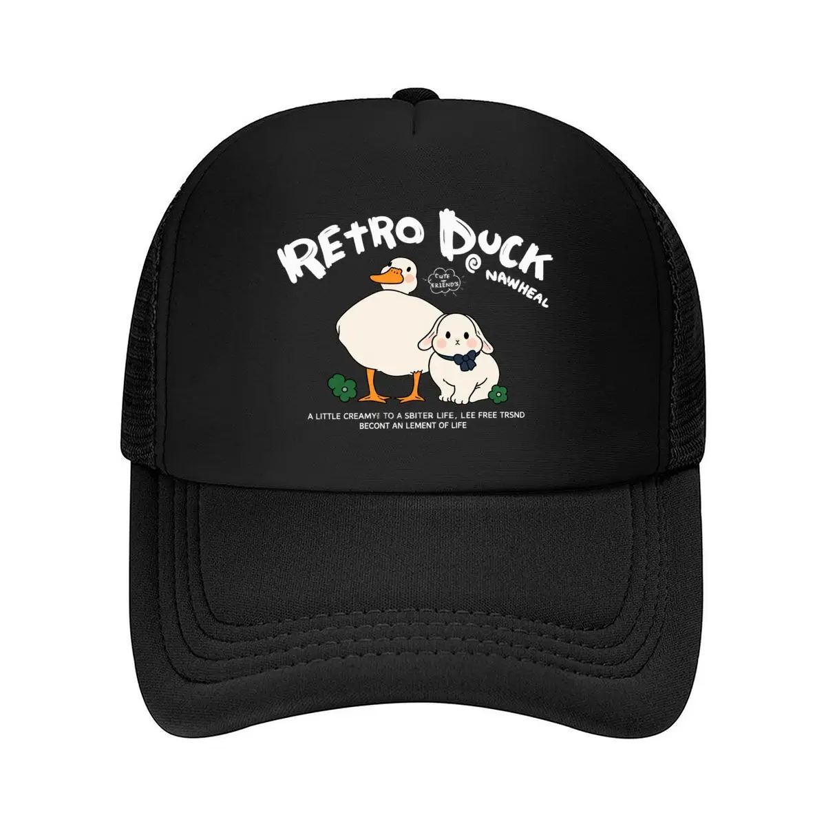 Cute Duck Rabbit Friendship Cartoon Floral Illustration Mesh Baseball Cap Hip Hop