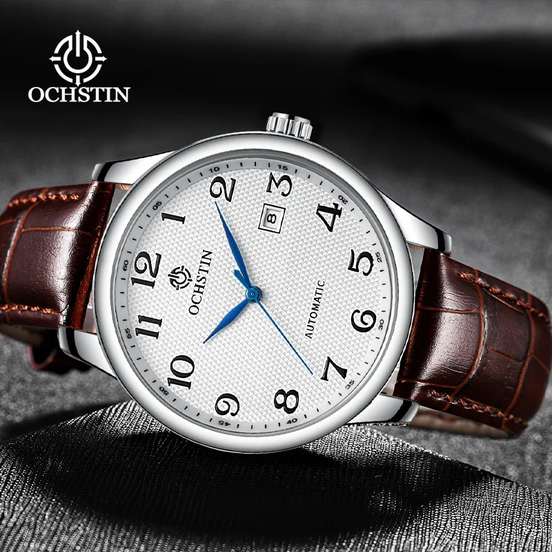 

Men's Automatic Mechanical Watch with Mineral Hardlex Glass Luminous Hands Luxury Leather Strap Business Calendar Watch for Men