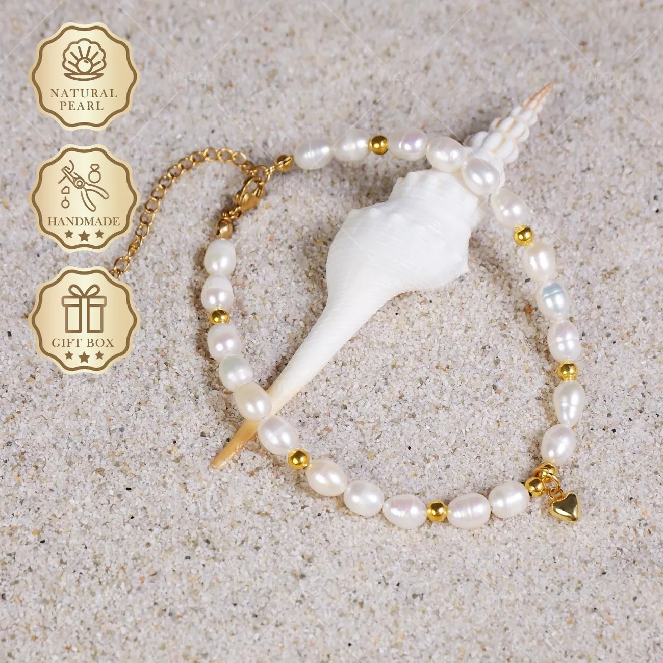 

Mysoya White Rice Freshwater Pearl Bracelet 6-7mm Golden Heart Pendant Extender S925 Gift Box Valentine's Day Birthday Gift