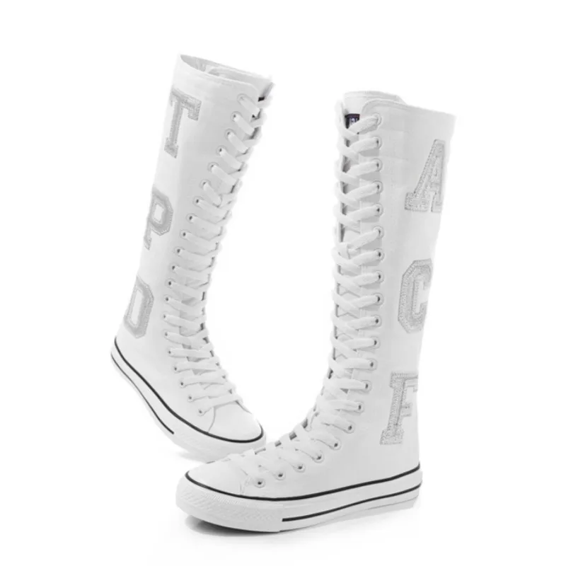 

Women's Knee High Canvas Boots Letter Embroidery White Lace Up Casual Sneakers Flat Platform Shoes for Women Fashion Woman Shoes