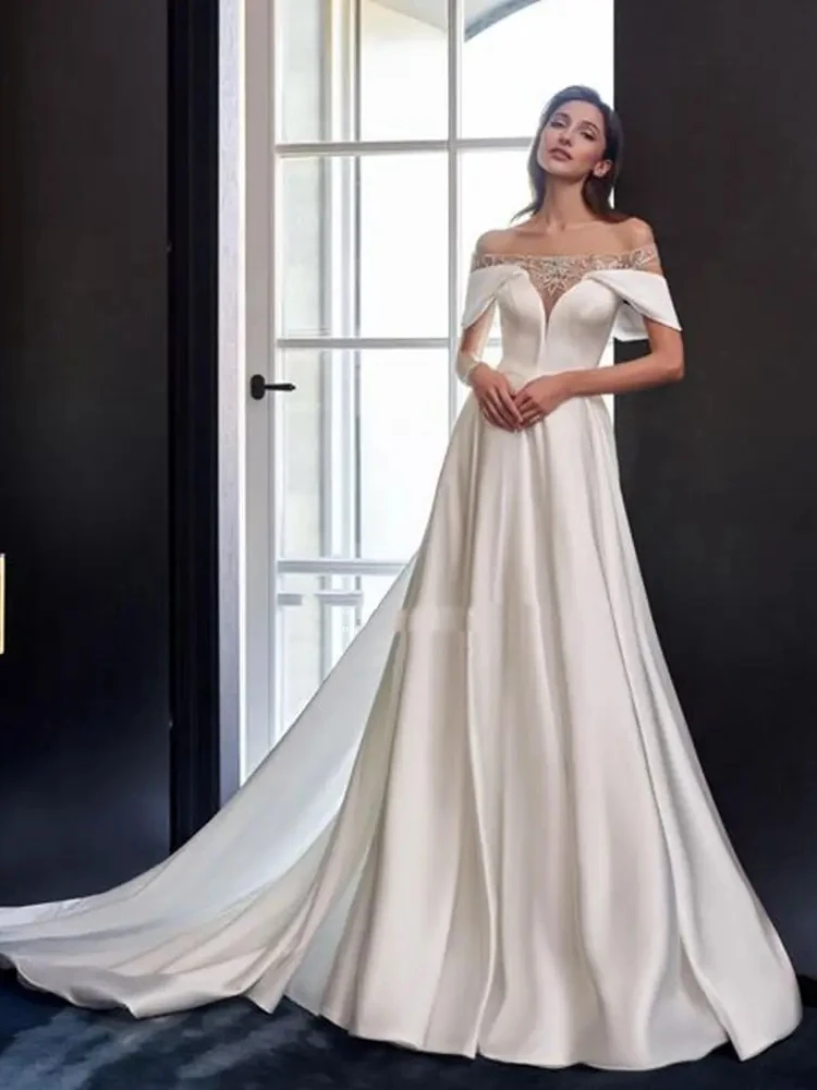 

Luxury Simple Wedding Dresses O-Neck A-Line Bridal Gowns Satin Robes For Formal Party Elegant Dress For Brides Vestidos De Novia