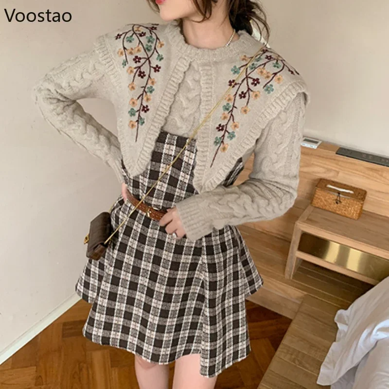 Autumn Winter Sweet Dress Set Women Elegant Floral Embroidery Sweater Slim Plaid Strap Dress Suit Korean Female Vintage Outfits