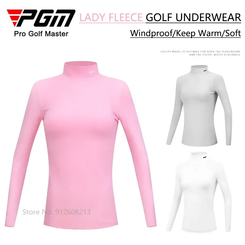 PGM Autumn Winter Women Fleece Golf Underwear Ladies Warm Golf Long-sleeved T-shirt Stand Collar Shirt Elastic Windproof Tops