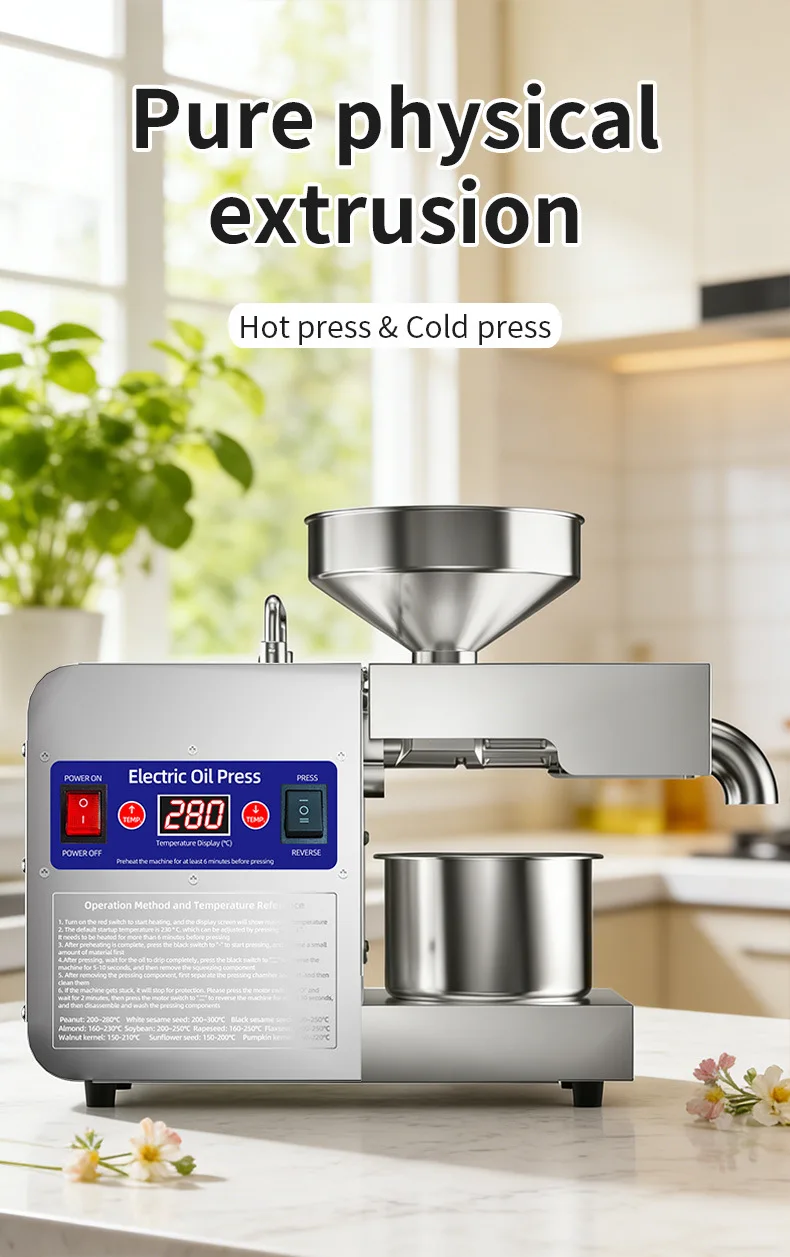 Upgraded Oil Press Machine with Smart Temperature Control, Stainless Steel Home Oil Extractor for Peanut Sesame, Small Commercia