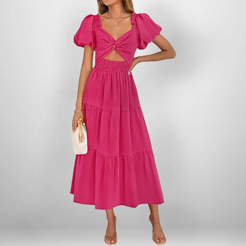 

TOY-2025Spring Trend Women's New Solid Color FashionVLong Sleeve Puff Dress Elegant Slimming Dress