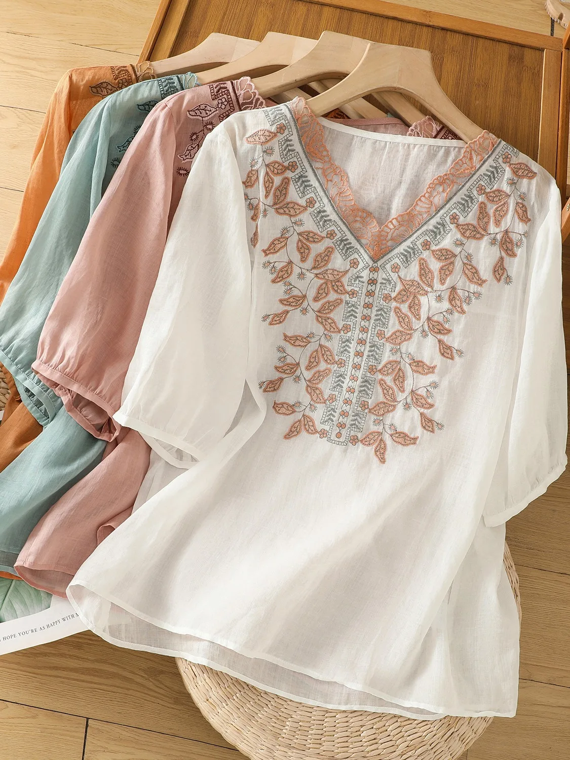 Ele Embroidered Cotton Linen irt Women Summer Loose Artistic Pure Color Sli V Ne T irt Small irt