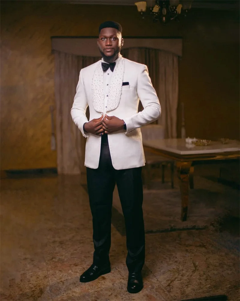 

Pearls White Men Suits Set 2 Pcs Blazer+Black Pant Trousers Wedding Tuxedo Cotton Formal Office Groom Prom Jacket Male Coat
