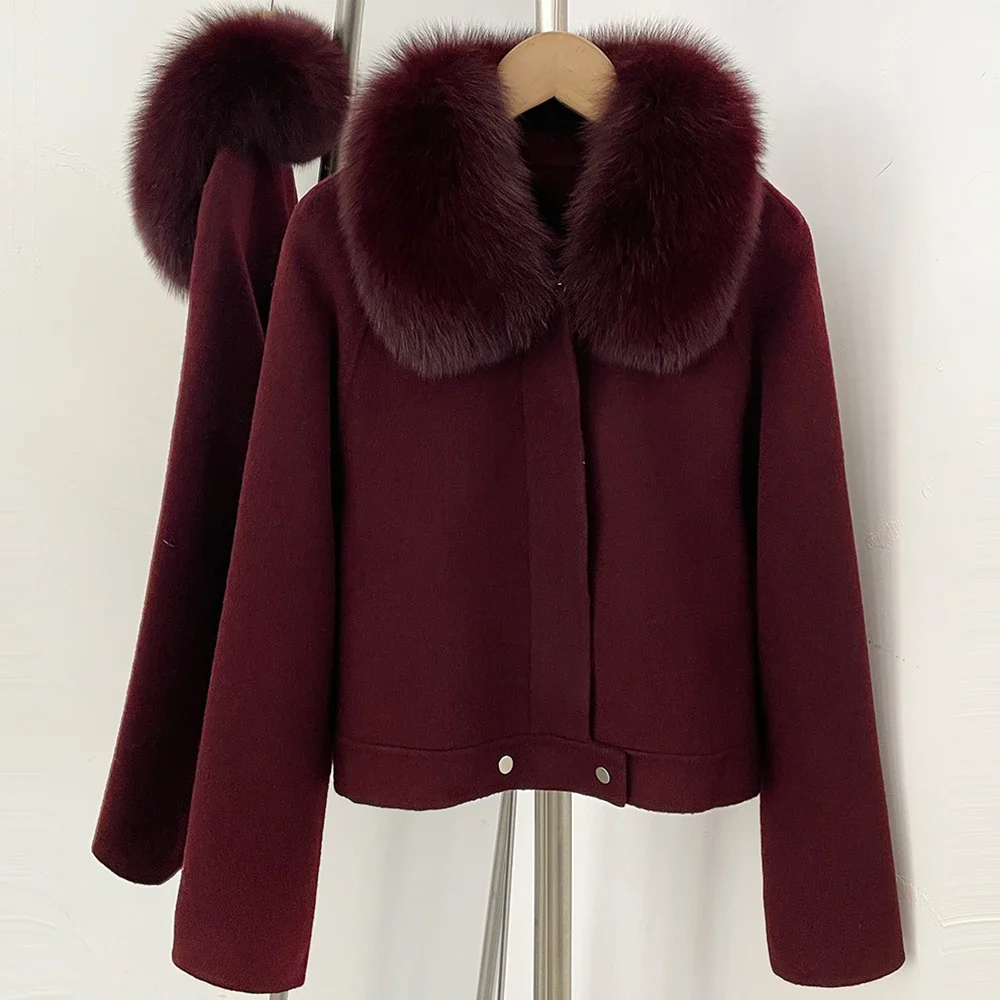 Elegant Double Sided Coat Women Cropped Short Wool Jacket Female New Real Fox Fur Collar Zip Up Wool Coat Winter Outerwear