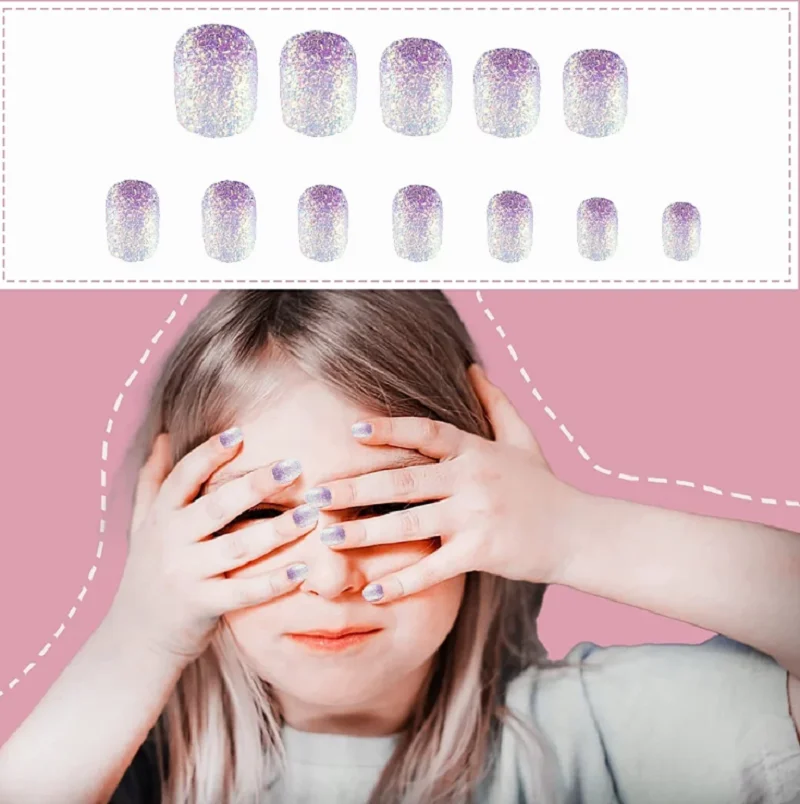 24 Pieces Kids Press  Nails Pre-Glue Children False Nails Stick Short Full Cover Artificial Fake Nails Glitter