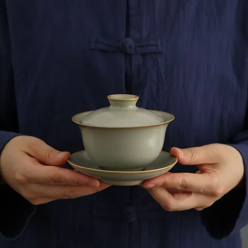 

Teaware Infuser Tureen Chinese Kung Fu Tea Accessories Pure Ru Kiln Sancai Cover Bowl Porcelain Gaiwan Ceramic Ceremony Chawan