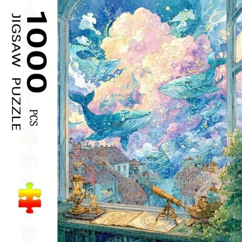 500/1000/1200/2000Pcs Jigsaw Puzzles Dreamy Flying Whales Challenging Family Activity Games for Gameroom Bedroom Livingroom Gift