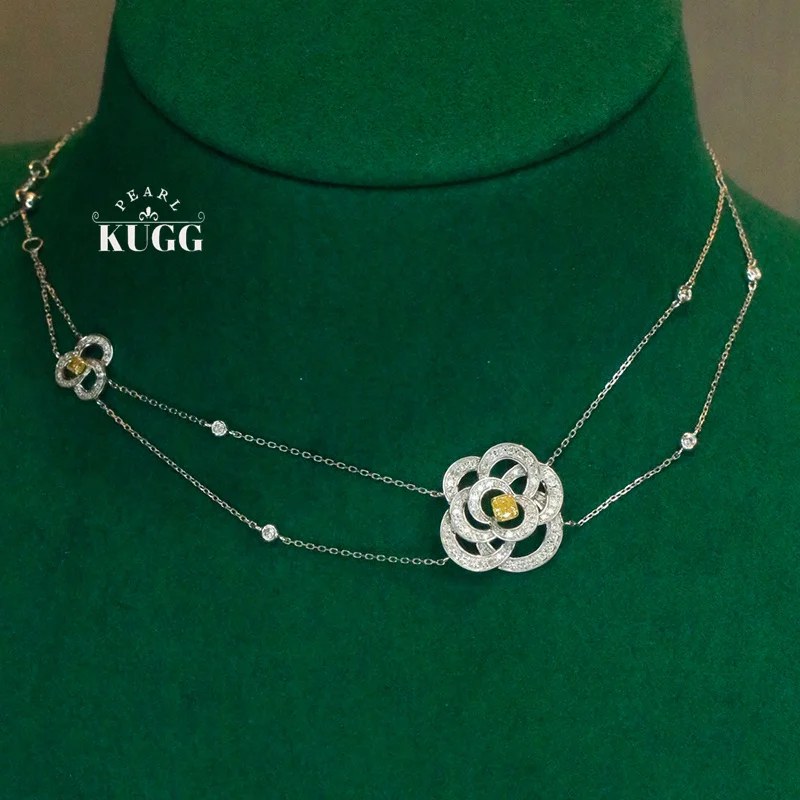 

KUGG 100% 18K White Gold Necklace Romantic Flower Shape Real Natural Yellow Diamond Necklace for Women High Wedding Jewelry