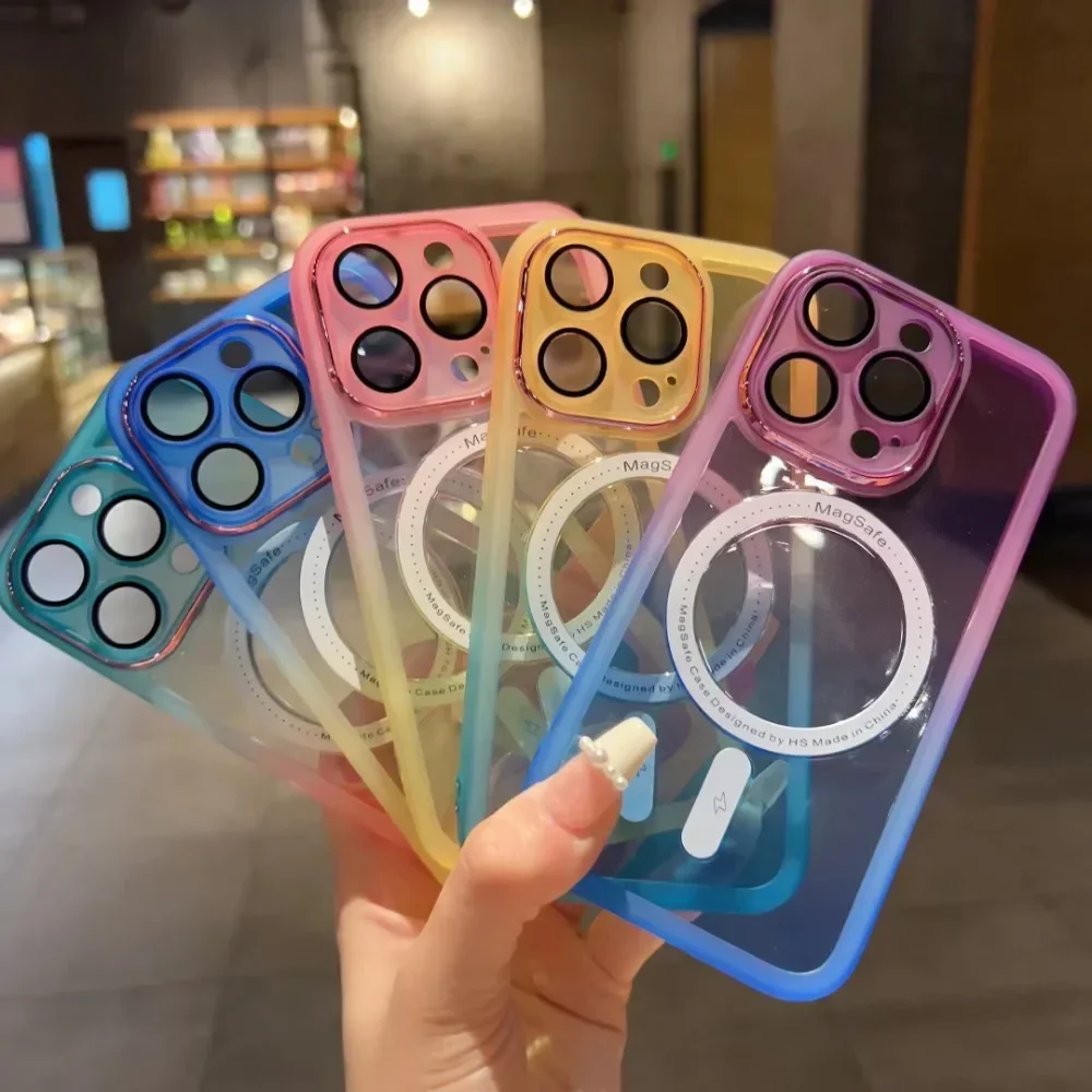 Für MagSafe Magnetische Regenbogen Telefon Fall für IPhone 16 15 14 Plus 13 12 11 Pro Max Transparente Abdeckung Verfärben Farbverlauf