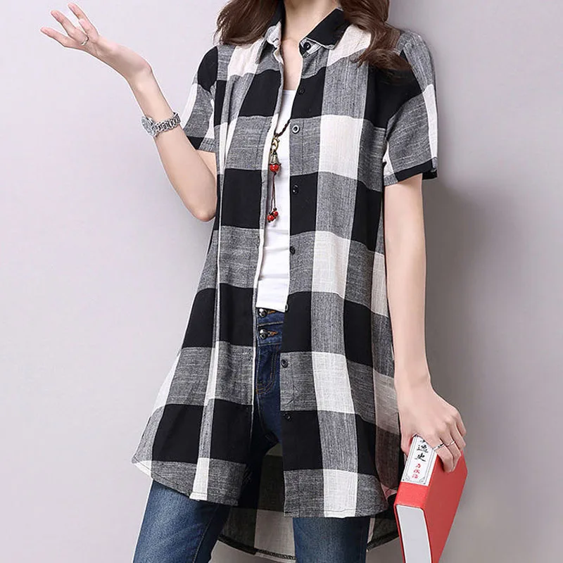 Polo Neck Button Loose Vintage Plaid Shirt 2022 Summer Women Clothing Fashion Streetwear Short Sleeve Pockets Blouses Ladies