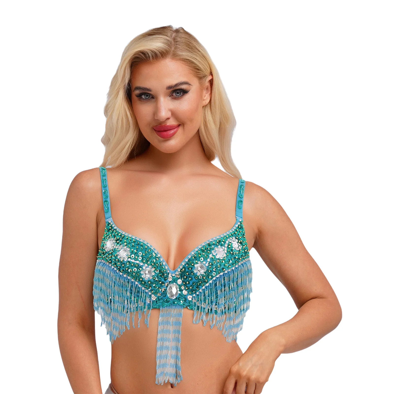 

Women Belly Dance Bra Salsa Rumba Dance Performance Costume Shiny Sequins Plastic Beads Fringe Underwire Bra Push Up Balconette